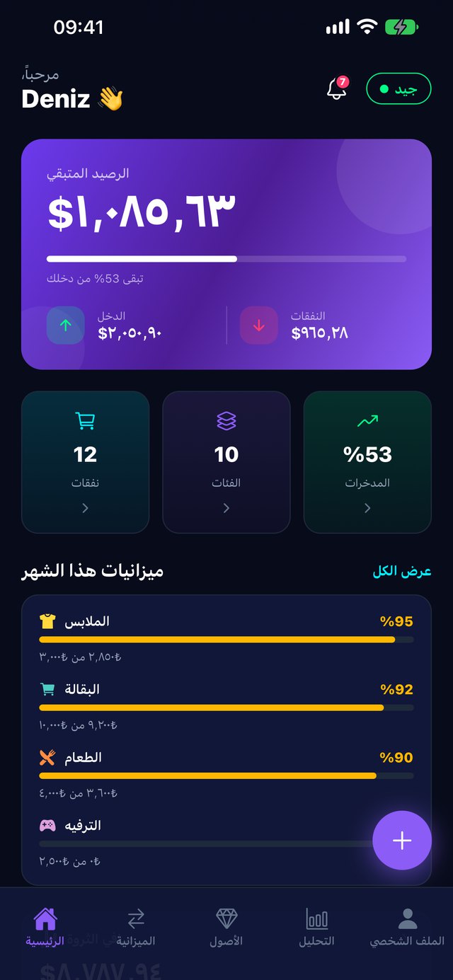 الشاشة الرئيسية لتطبيق ADES Budget: الرصيد المتبقي والدخل والمصروفات وميزانيات الشهر